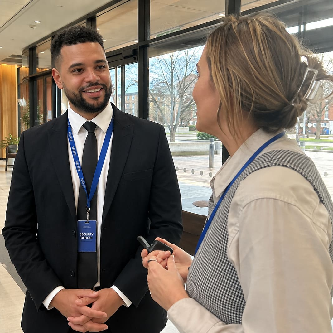 Facilities manager talking with a client in the lobby of a glass-fronted office building