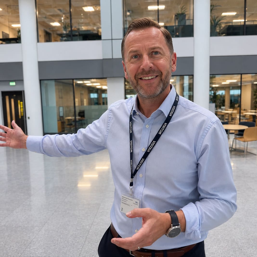 Facilities manager welcoming visitors in a bright, glass-walled UK office lobby
