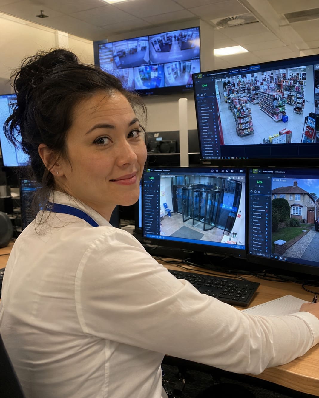 Female CCTV operator manages retail security cameras and real-time incident monitoring systems.