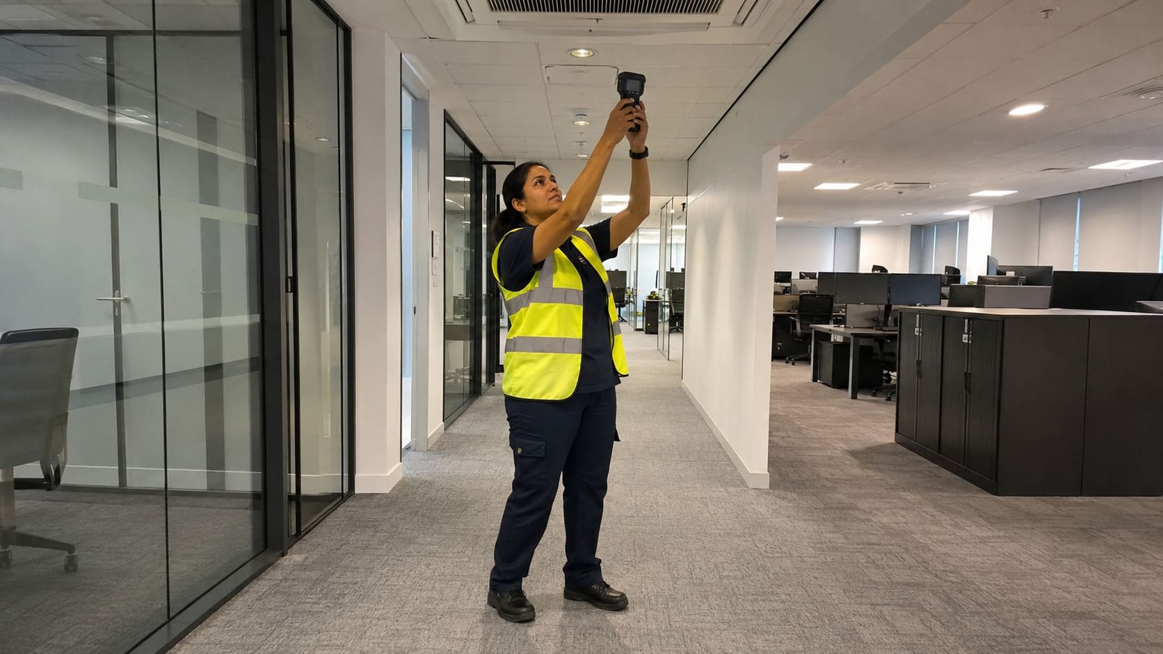 Maintenance technician checking an office ceiling system - Illustrative Image