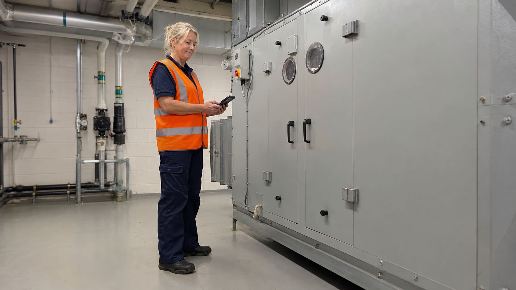 Maintenance technician inspecting commercial plant-room equipment - Illustrative Image 