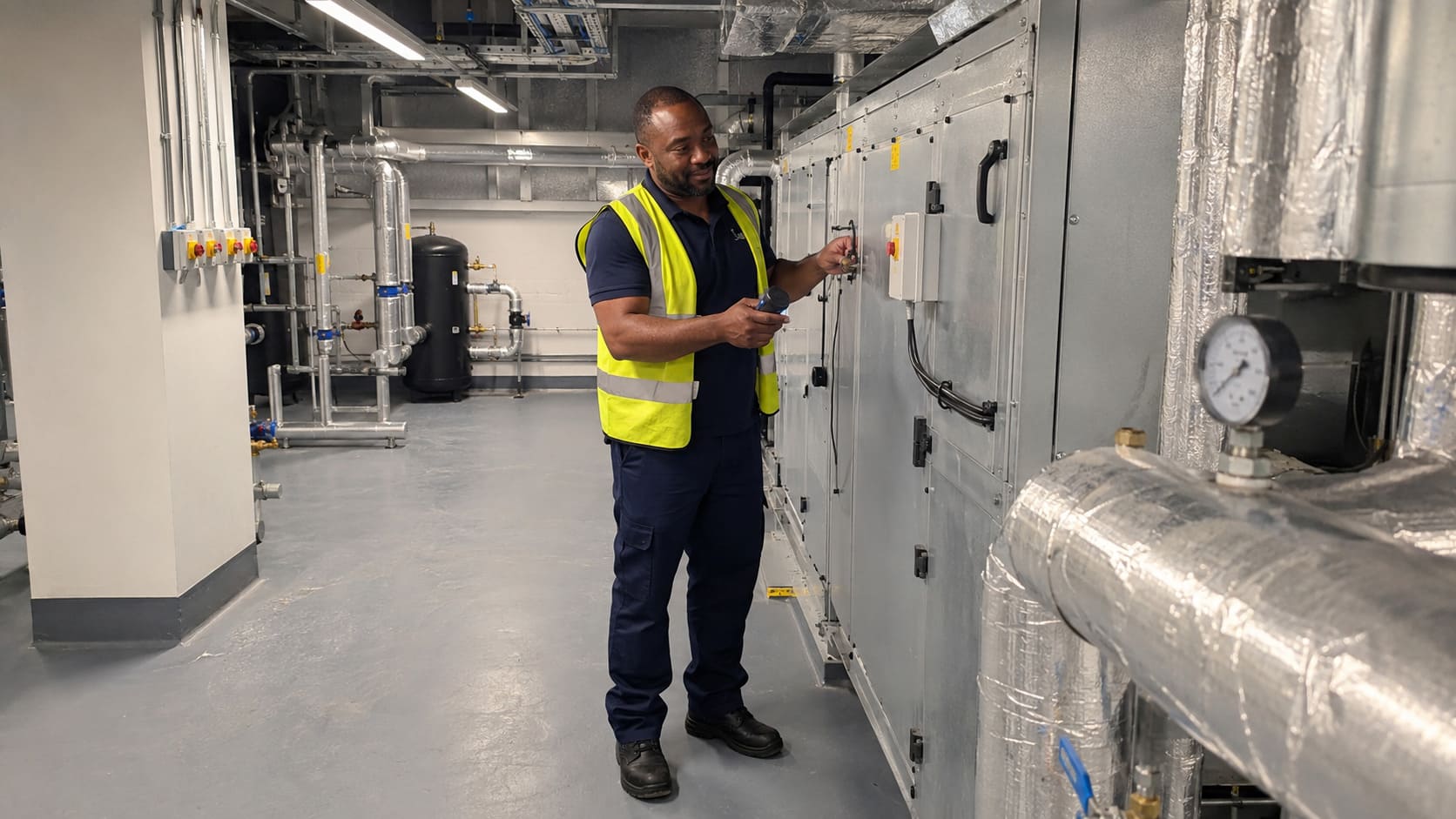 Maintenance technician inspecting commercial plant room equipment – Illustrative Image