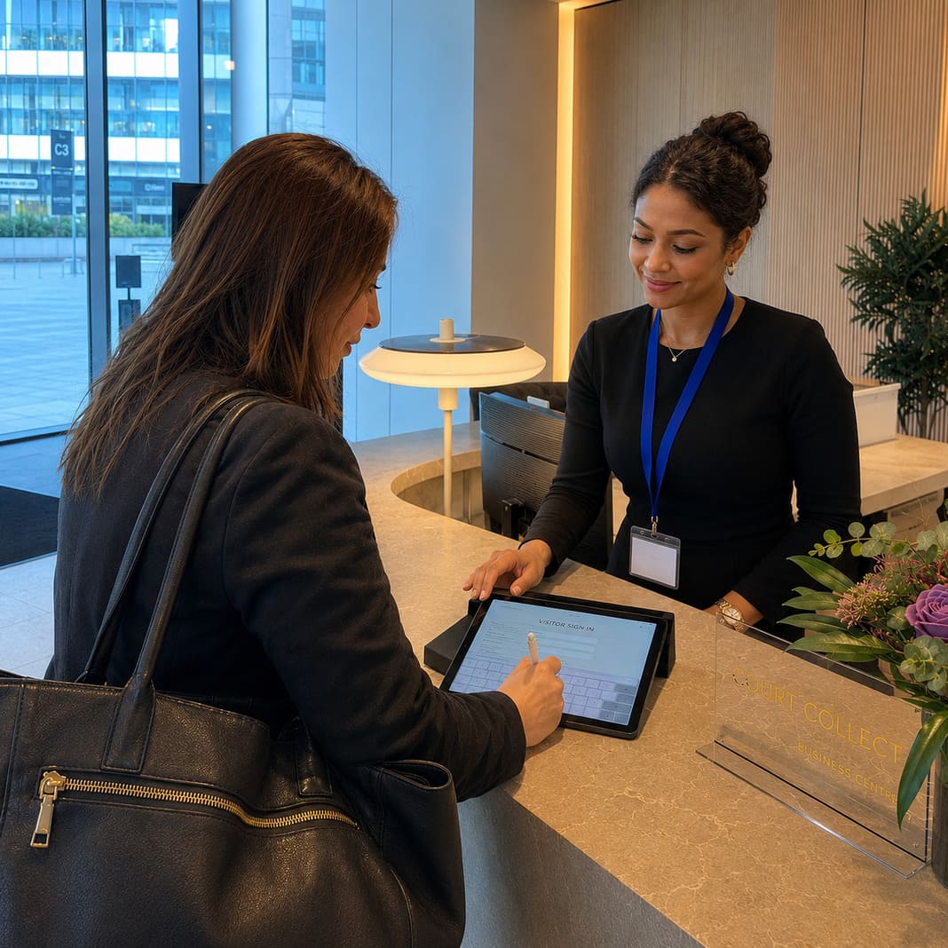 Receptionist assisting a visitor with a tablet at a corporate reception desk