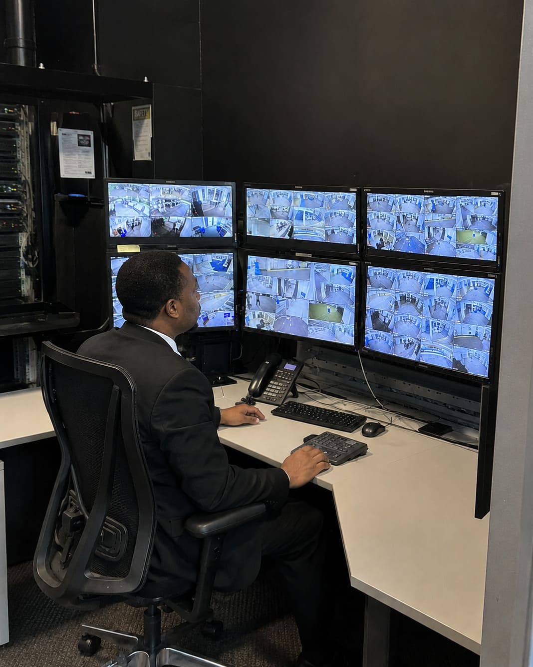 Security control room operator watches real-time CCTV feeds for incident detection response.