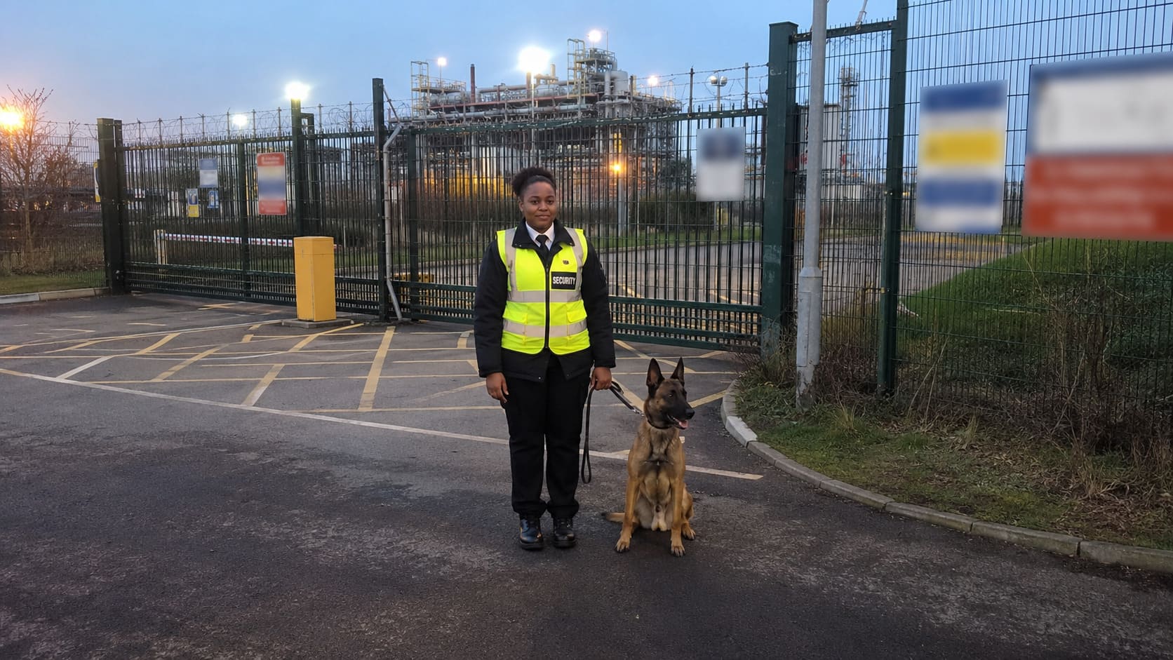 Security dog handler checking an industrial site boundary - Illustrative Image