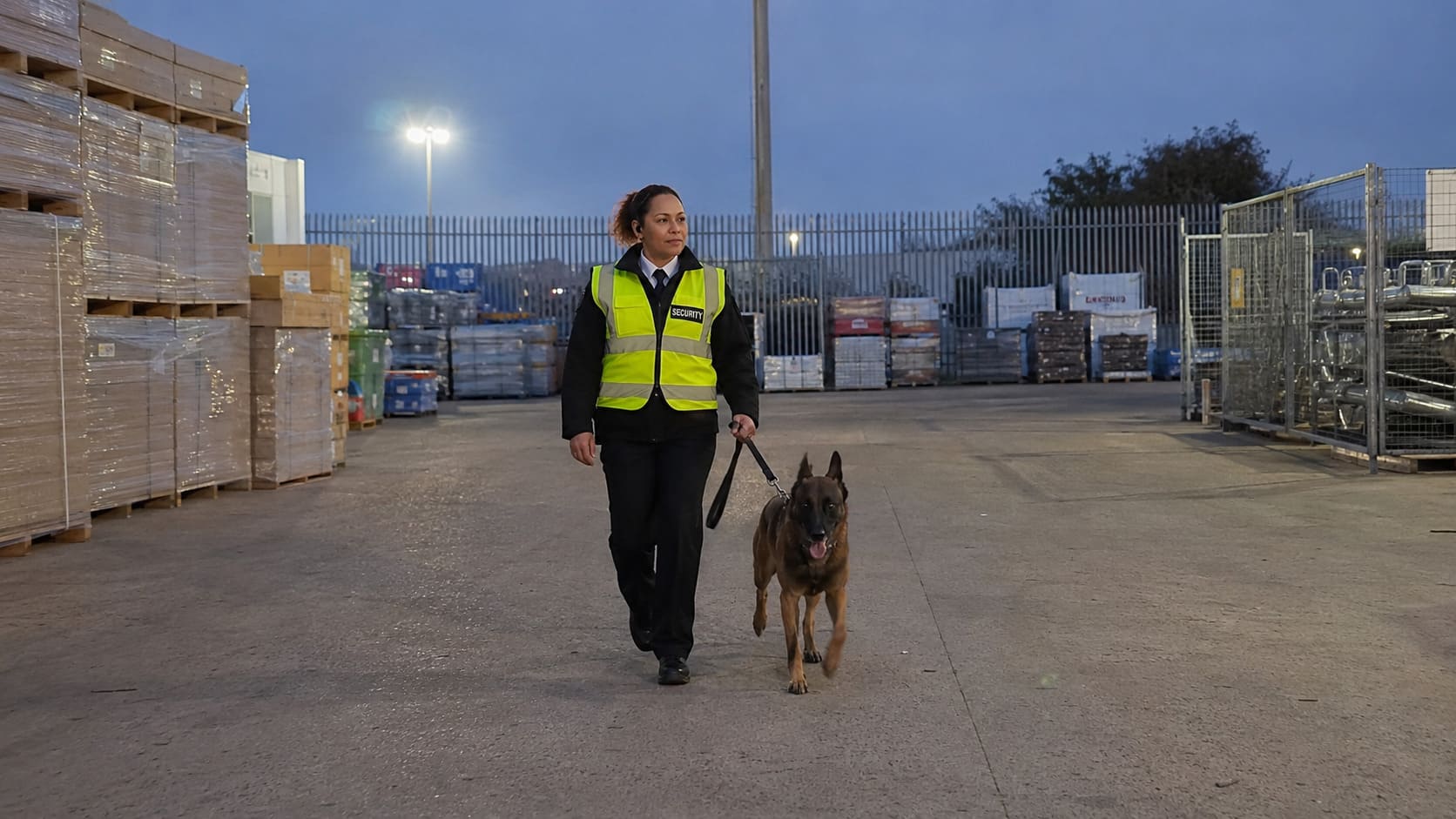 Security dog handler patrolling a construction compound - Illustrative Image
