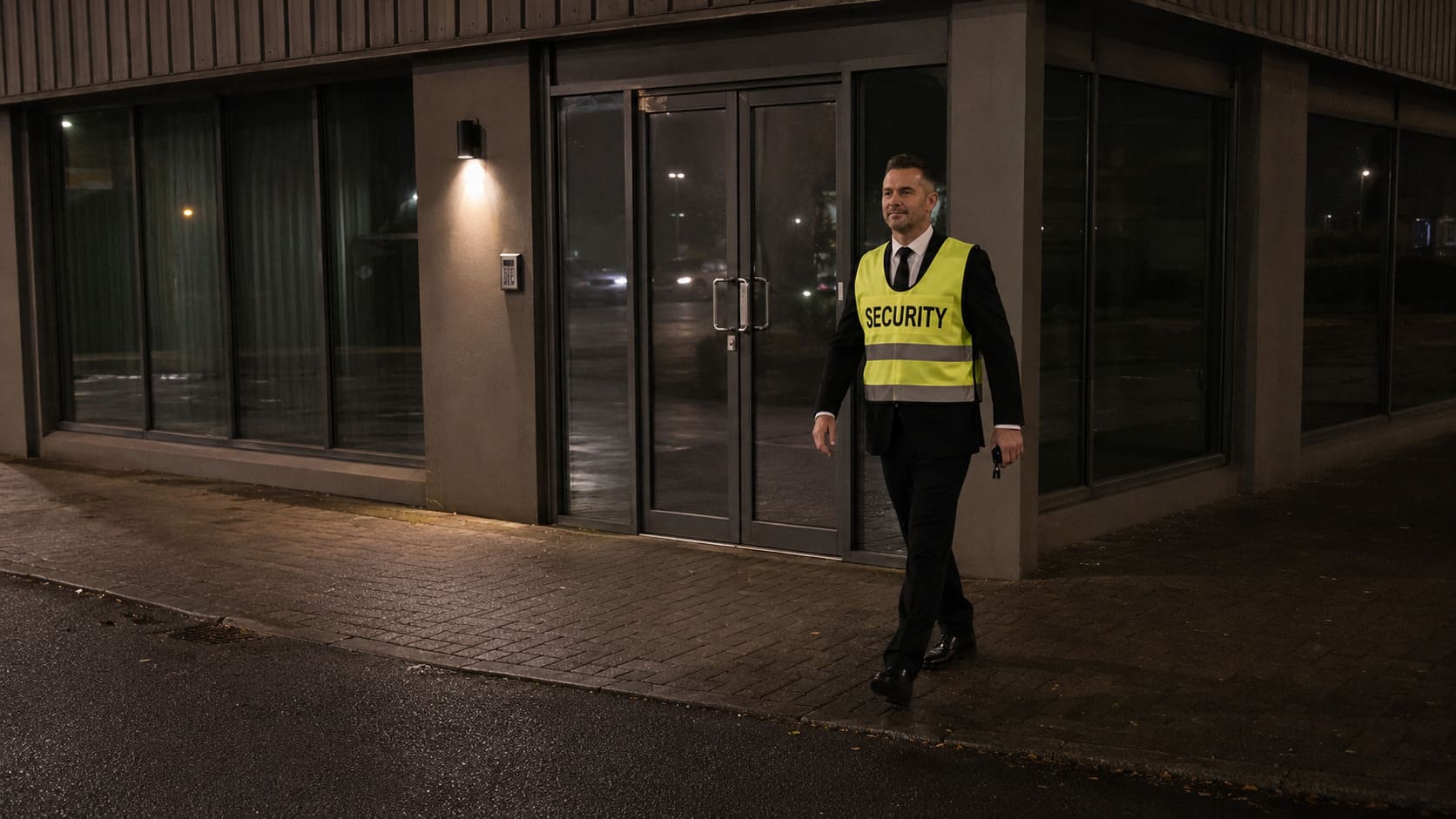 Security officer attending a closed building after dark - Illustrative Image