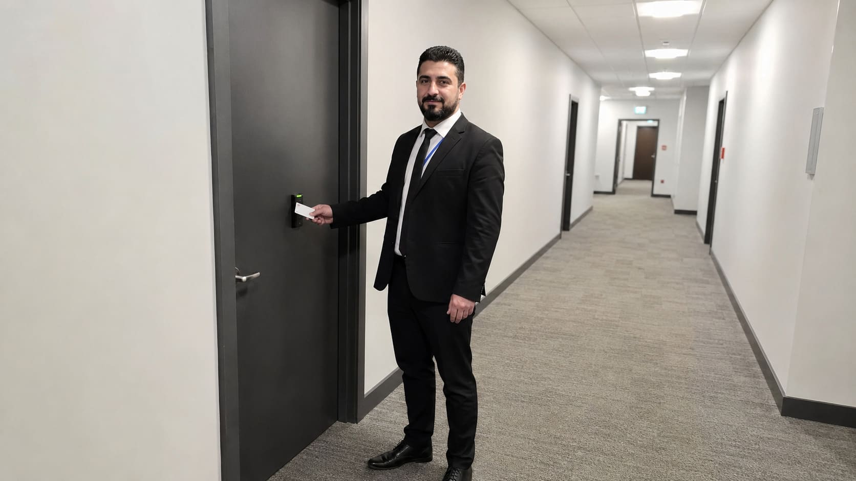 Security officer checking a secure office corridor door - Illustrative Image Security officer checking a secure office corridor door - Illustrative Image
