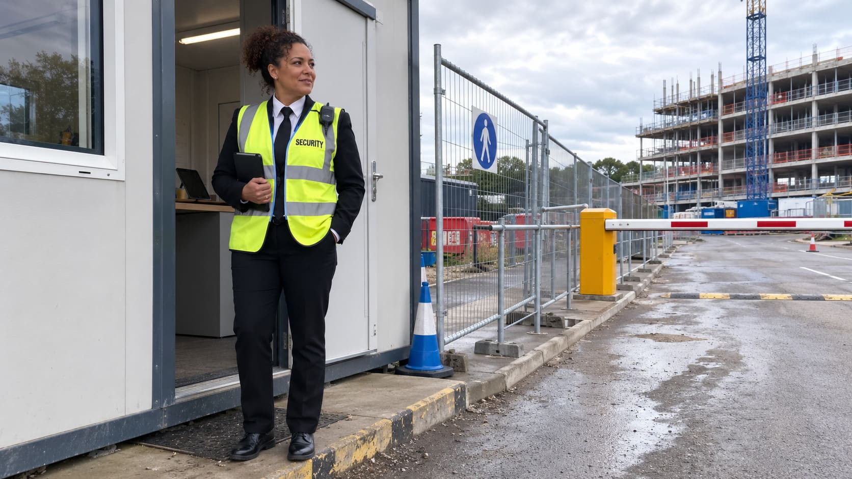 Security officer controlling access at a construction gate - Illustrative Image Security officer controlling access at a construction gate - Illustrative Image