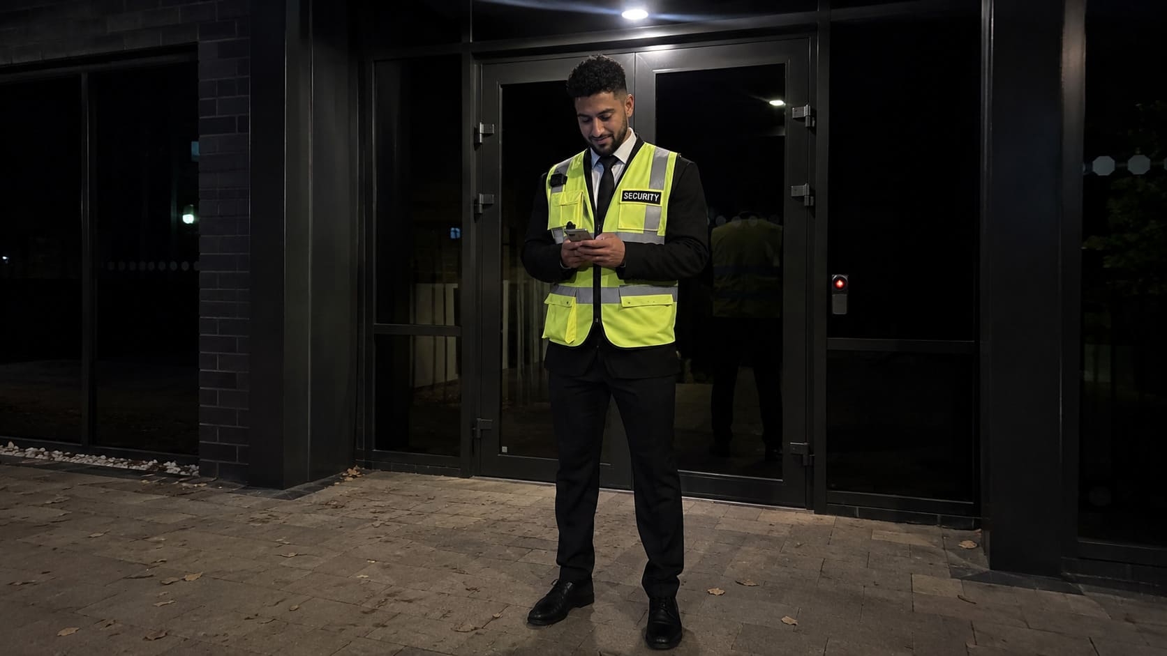 Security officer monitoring a commercial entrance at night - Illustrative Image