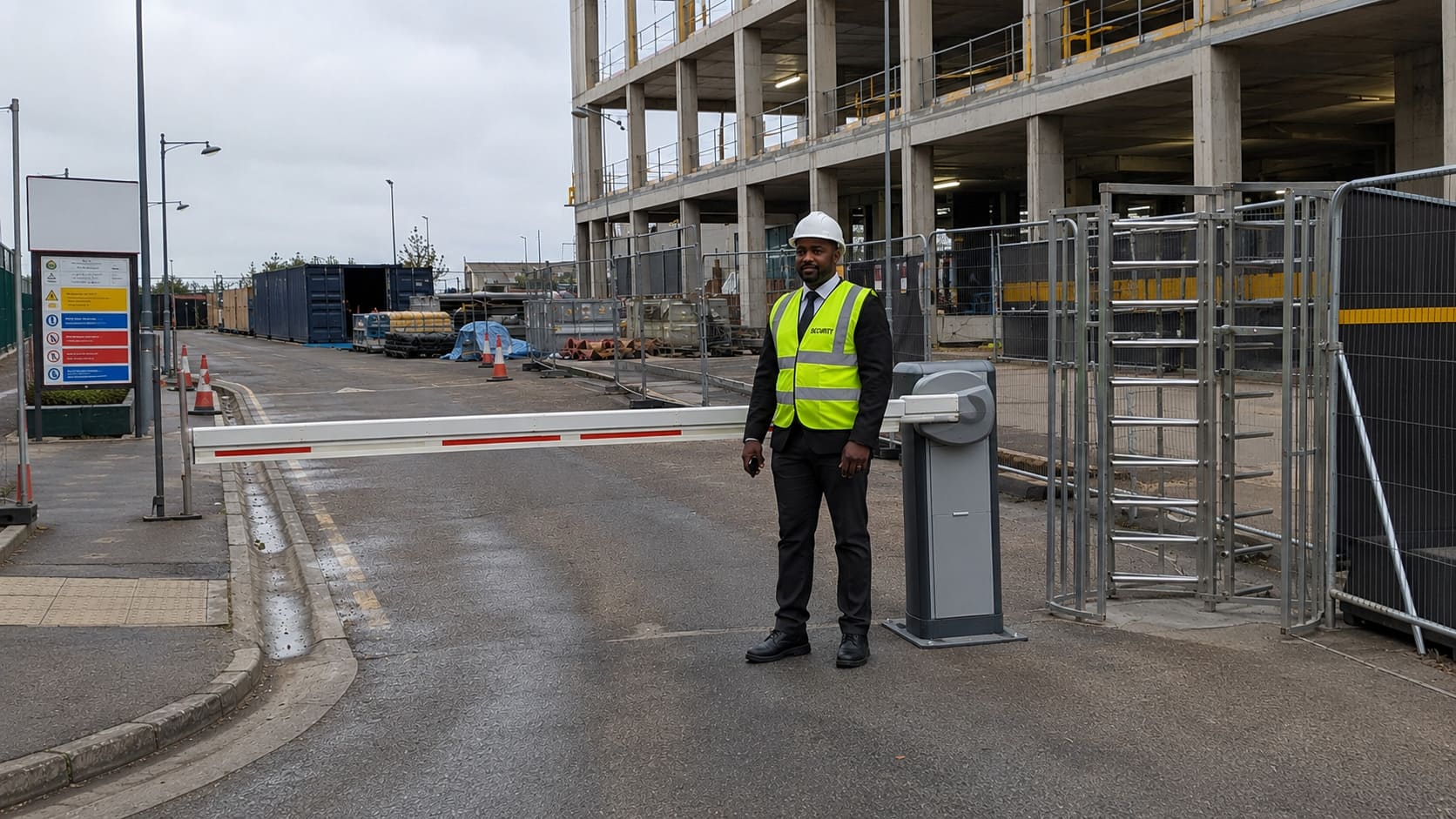 Security officer monitoring a construction site entrance - Illustrative Image