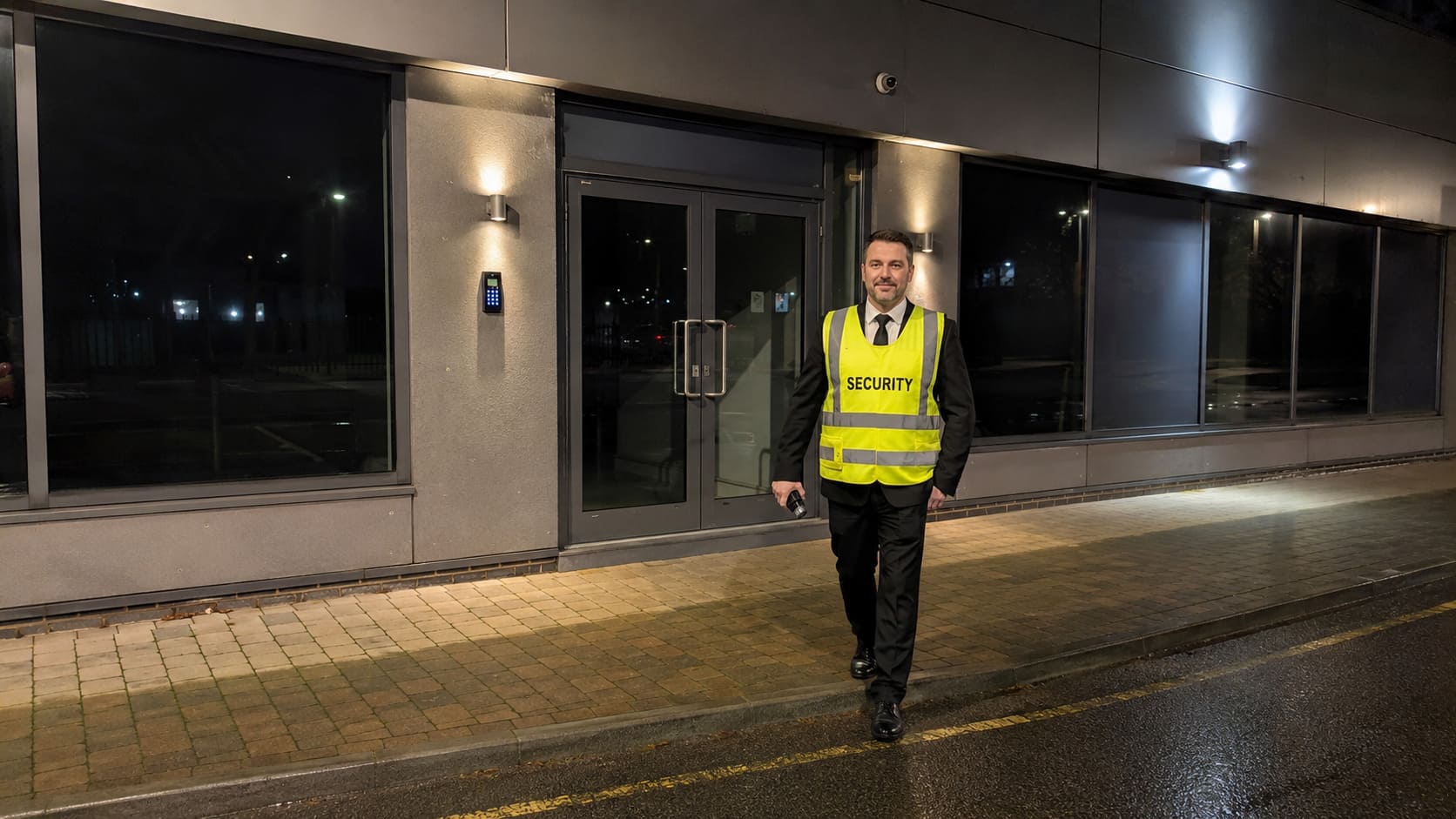 Security officer outside a commercial building at night - Illustrative Image