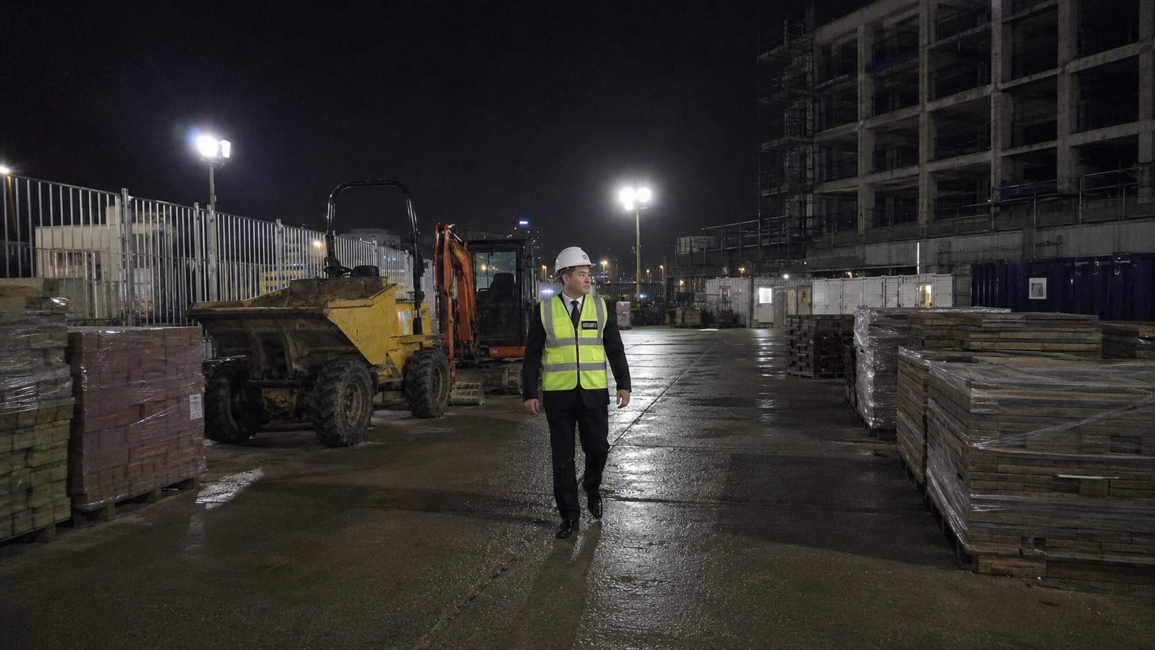 Security officer patrolling a construction site at night - Illustrative Image