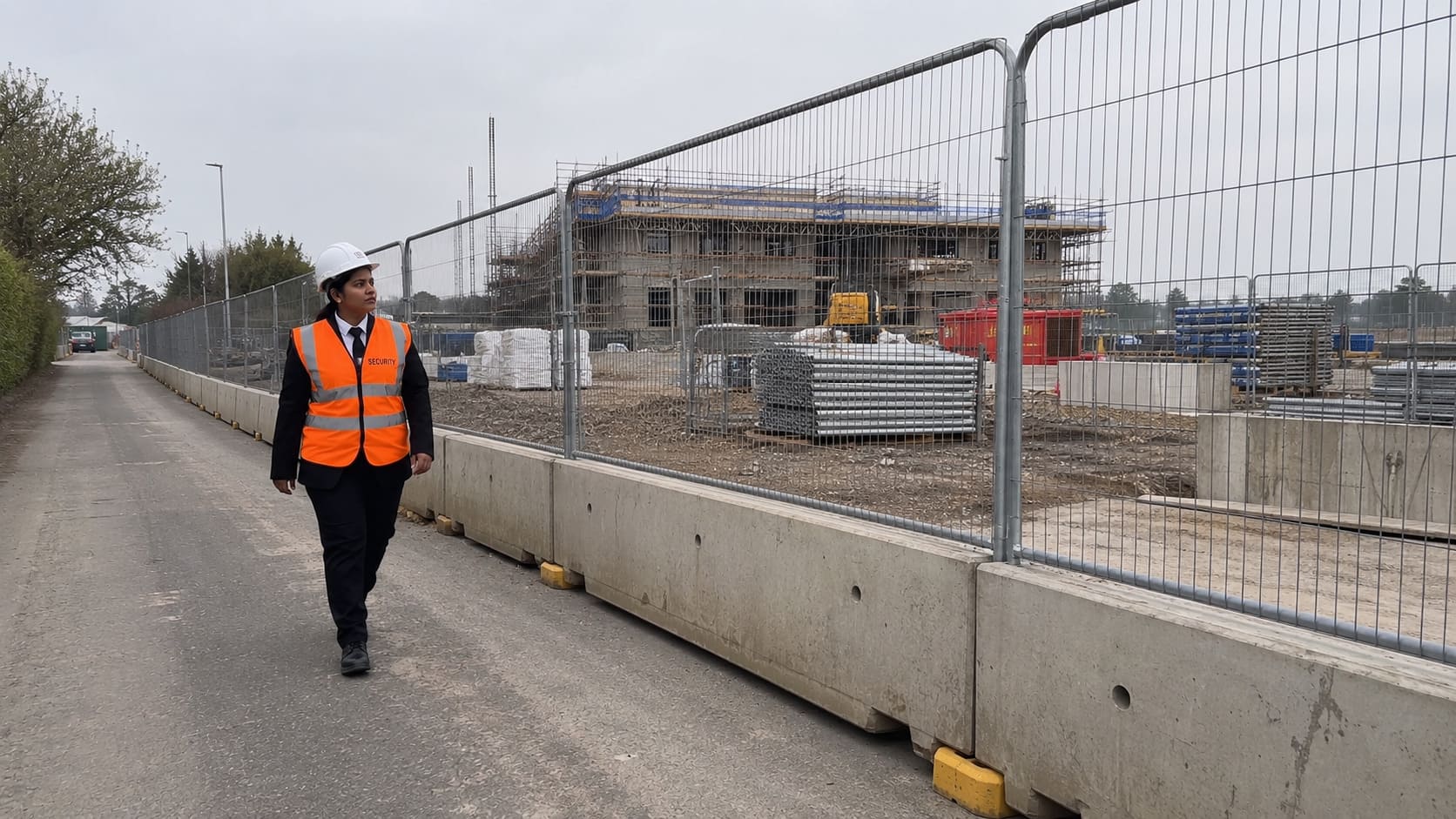 Security officer patrolling a fenced construction perimeter - Illustrative Image