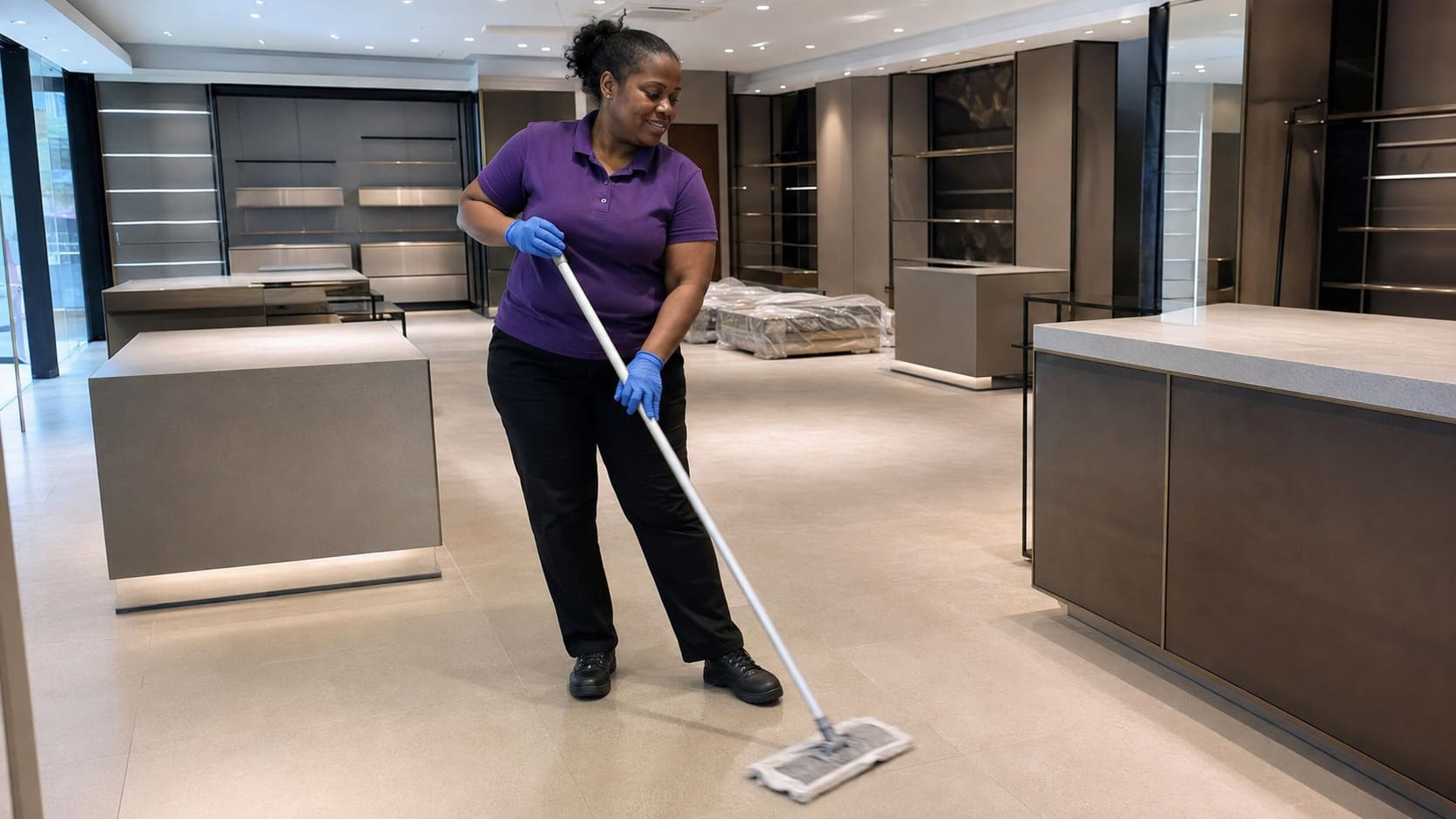 After builders cleaner mopping newly fitted retail store floor After builders cleaner mopping newly fitted retail store floor