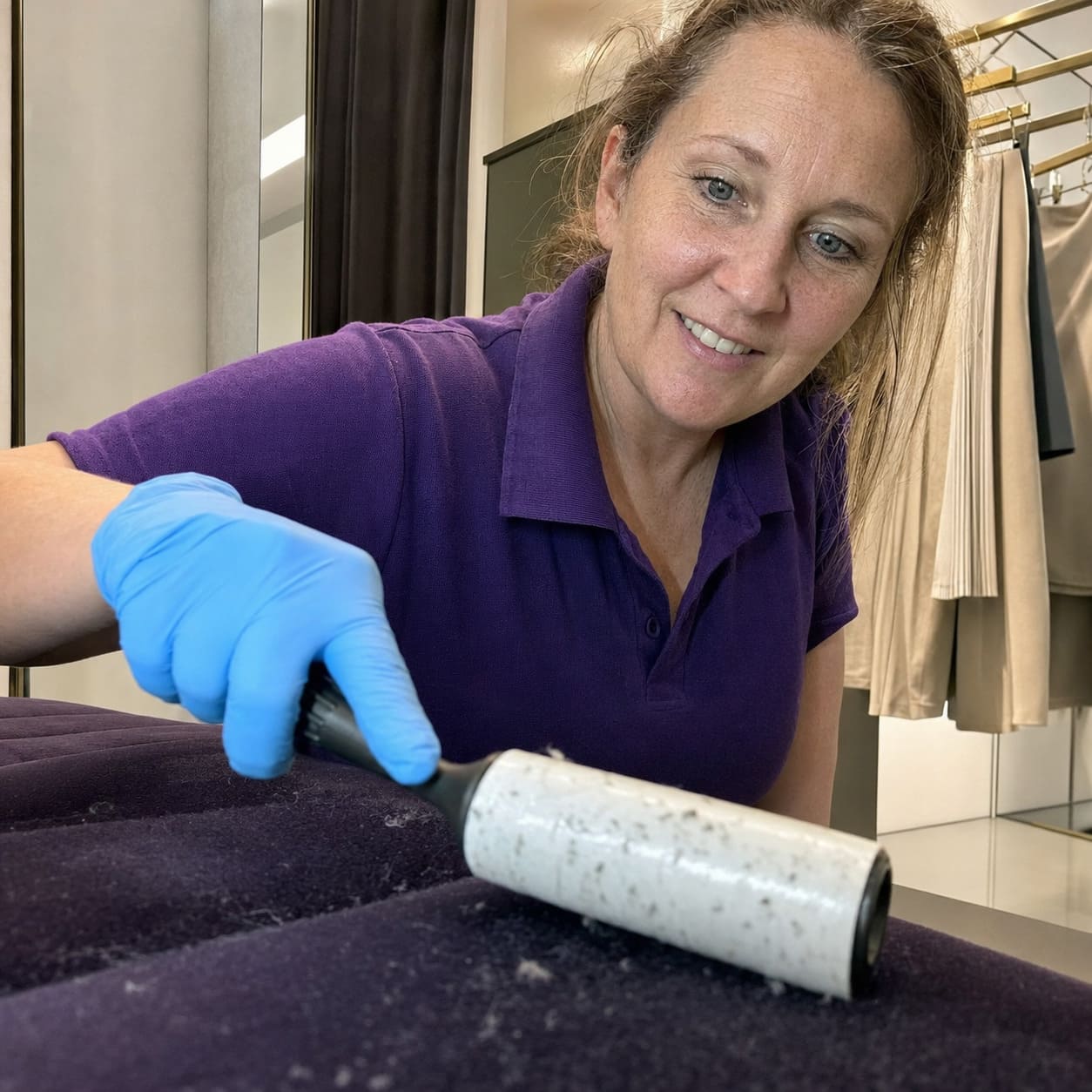 Cleaner removing lint from a velvet bench in a fashion boutique