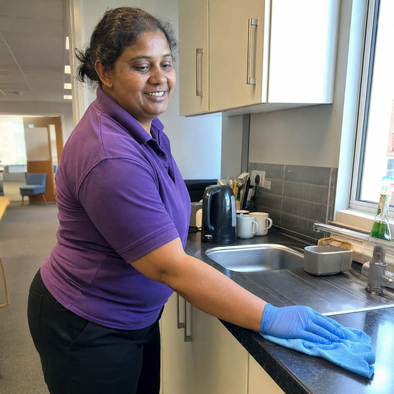 Cleaner sanitising a kitchen counter in a modern office breakout area