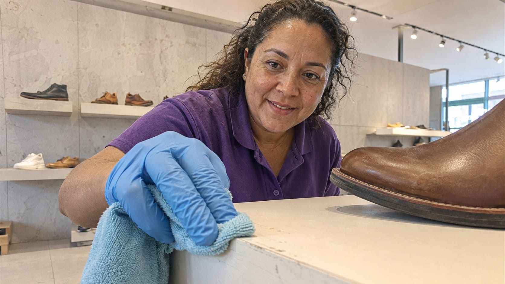 Cleaner wiping a shoe display plinth in a modern footwear shop - Illustrative Image