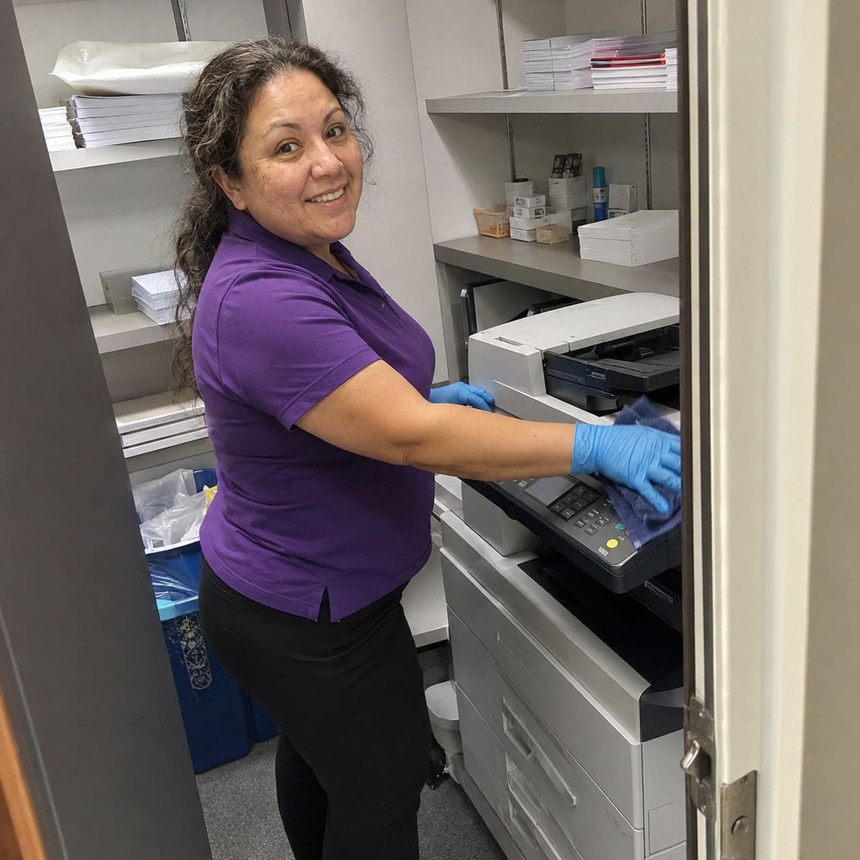 Cleaner wiping an office photocopier in a compact print room