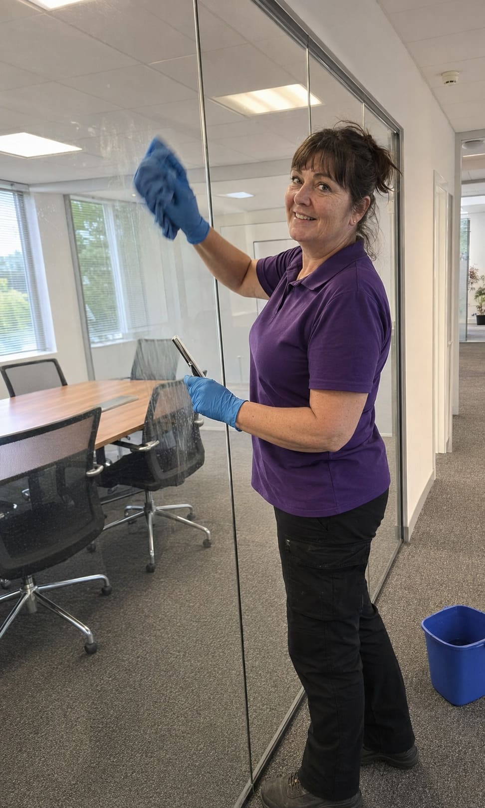 Cleaner removing fingerprints from glass walls in a modern office