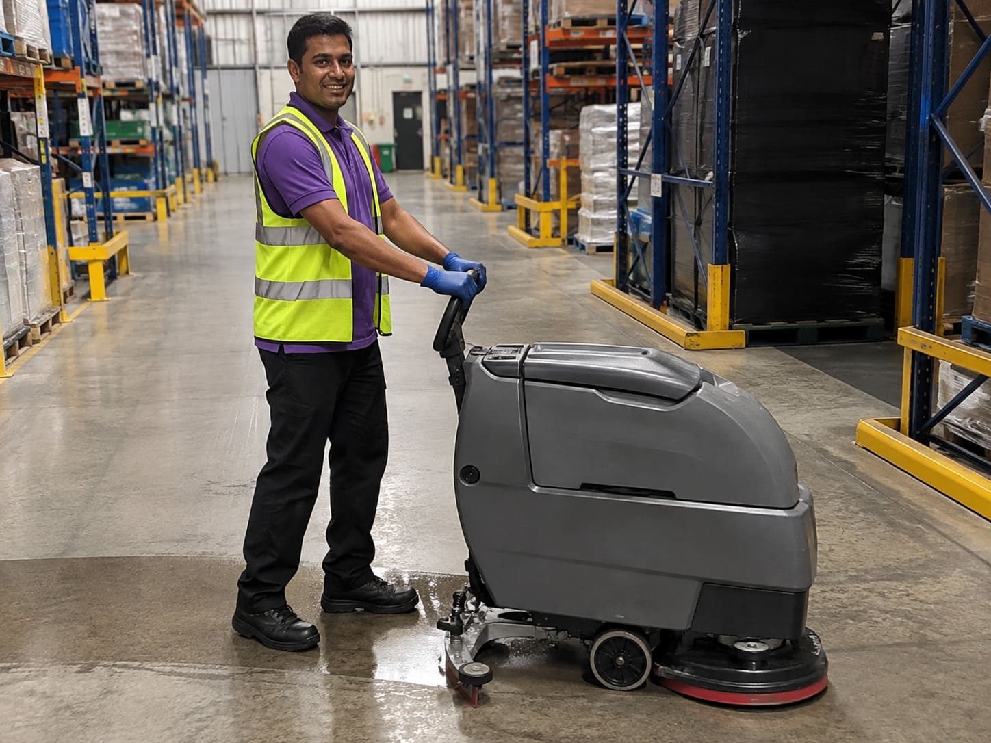 Factory cleaner operating floor scrubber for industrial warehouse cleaning