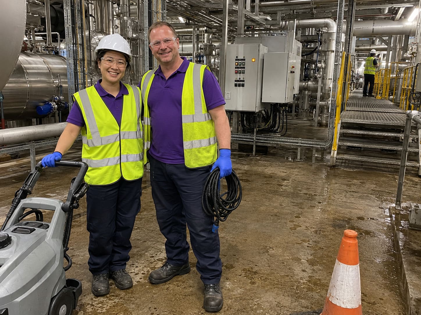 Factory cleaning team maintaining machinery and production areas