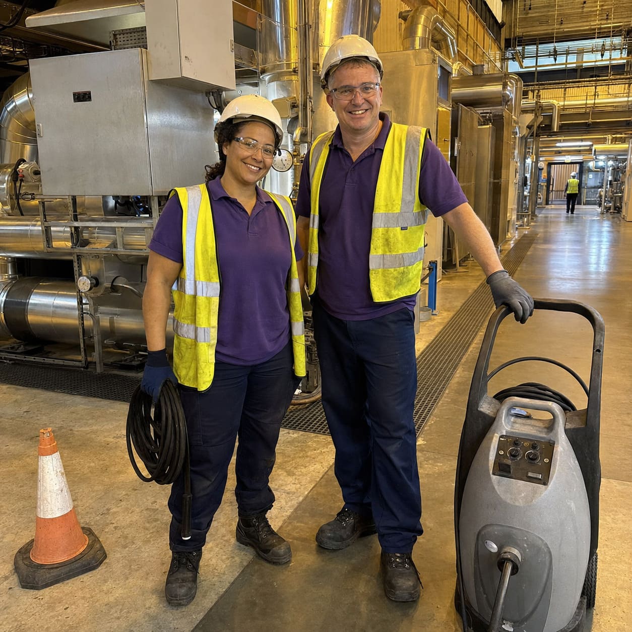 Factory cleaning team with specialist industrial vacuum equipment