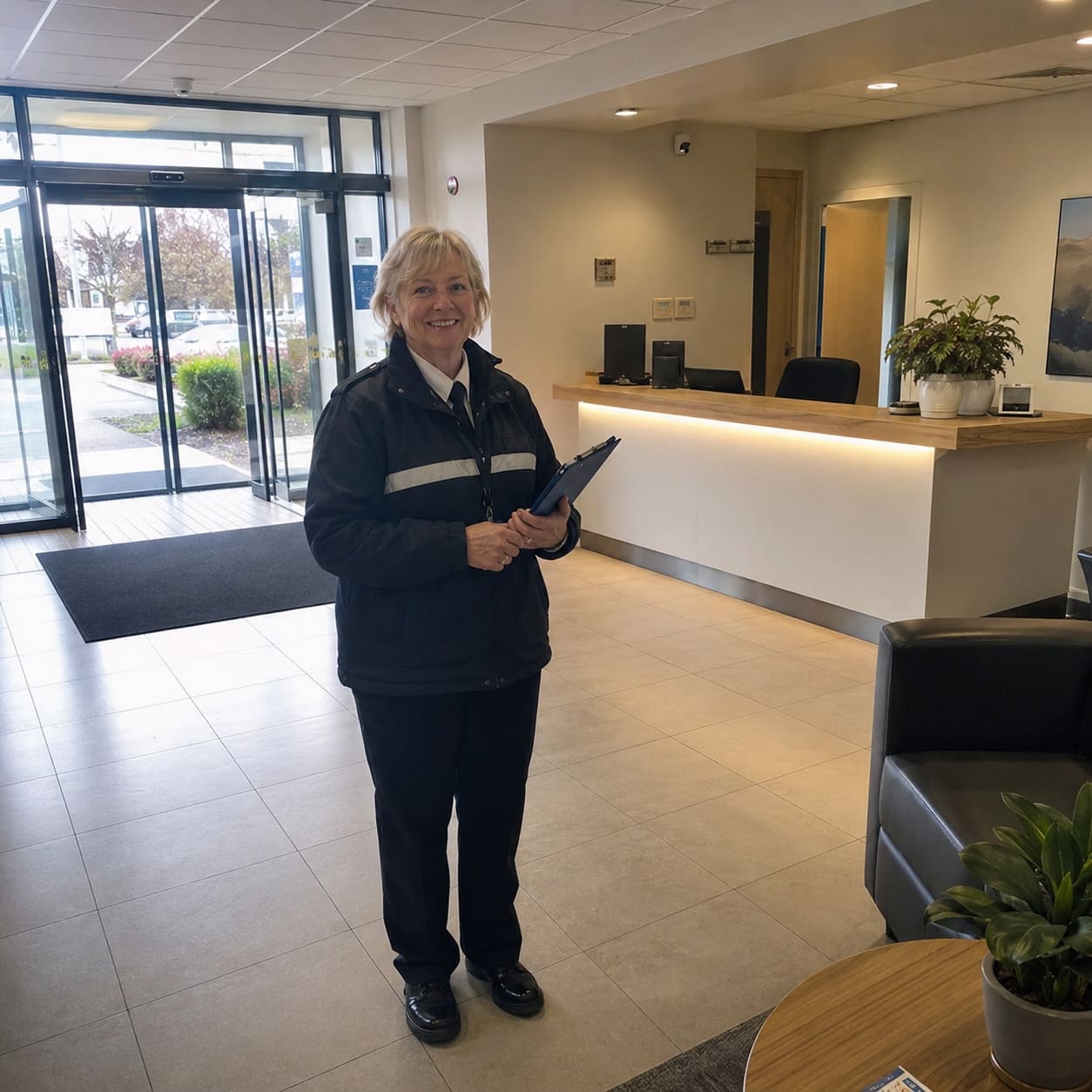 Female security officer holding clipboard in modern Dublin reception area