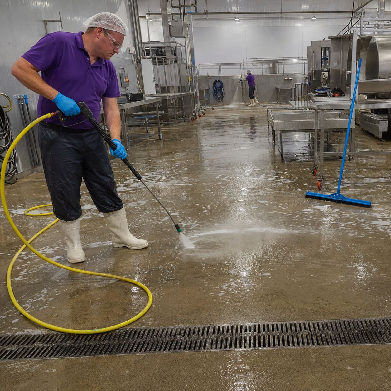 Food production floor cleaning with pressure washing equipment