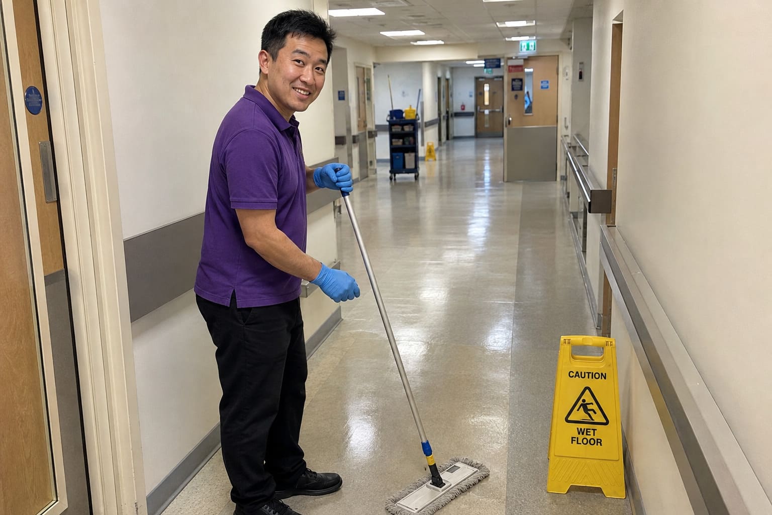 Healthcare cleaner mopping hospital corridor with professional cleaning equipment