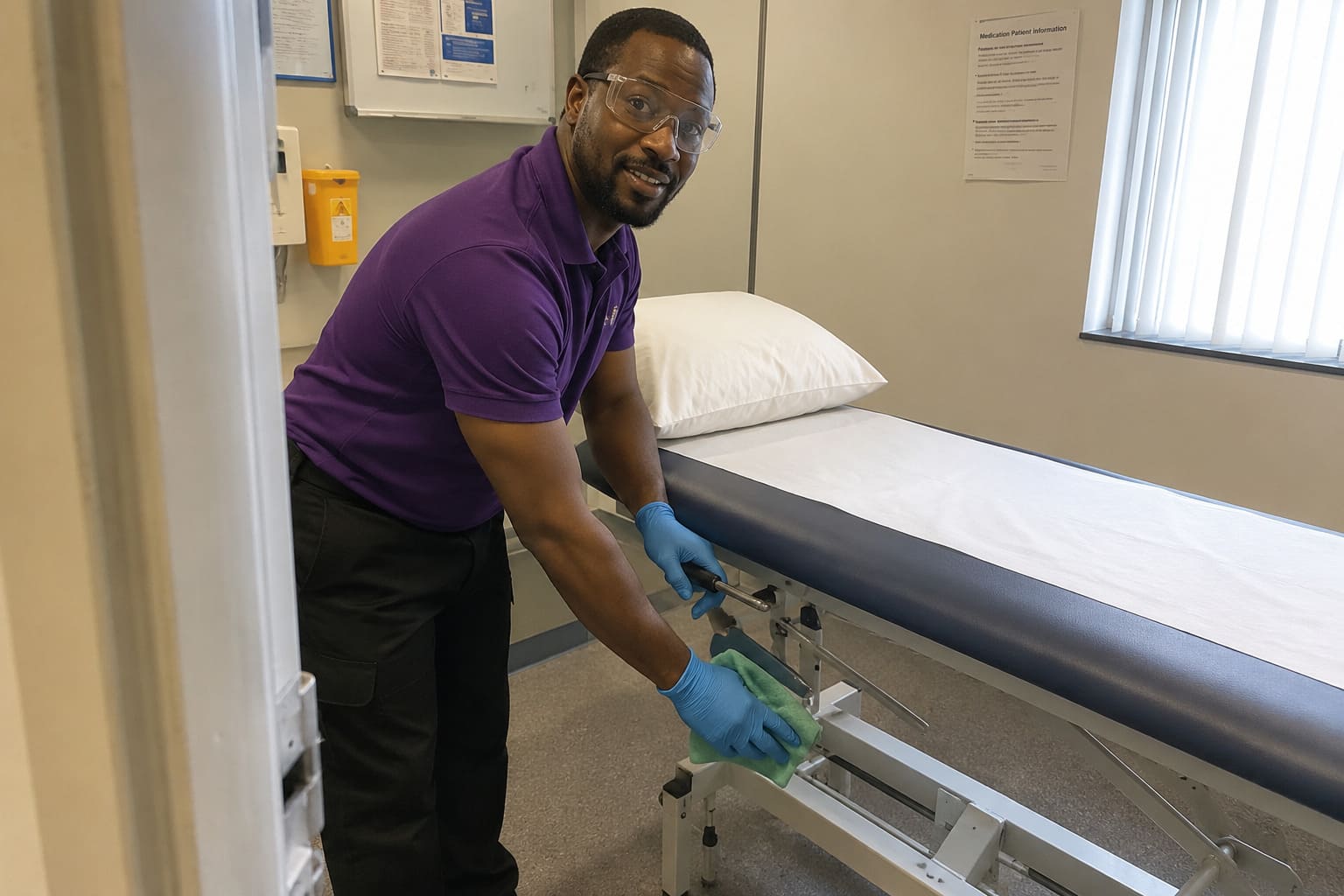 Hospital cleaner disinfecting patient bed during healthcare cleaning service