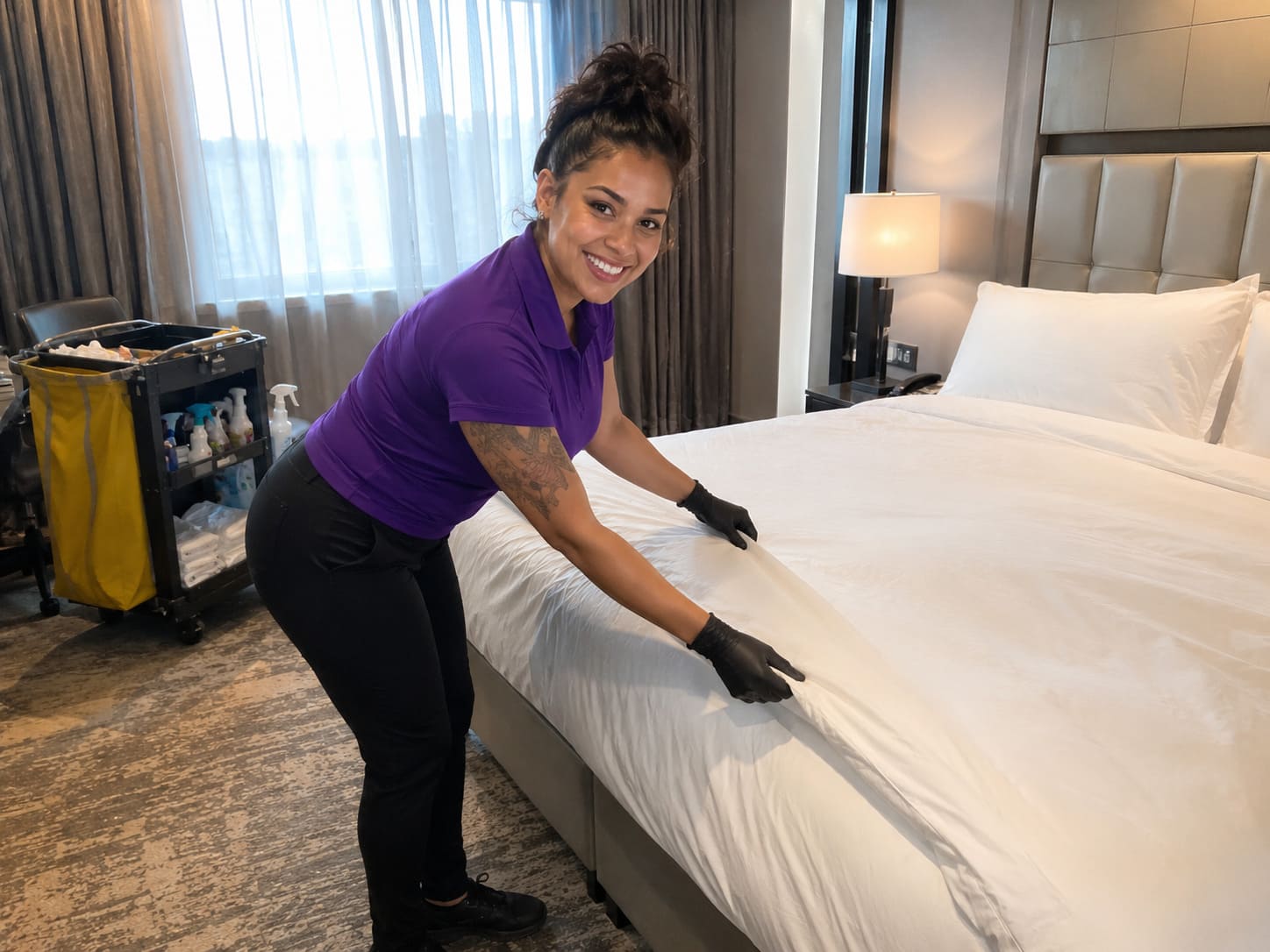 Hotel housekeeper making bed with fresh linen