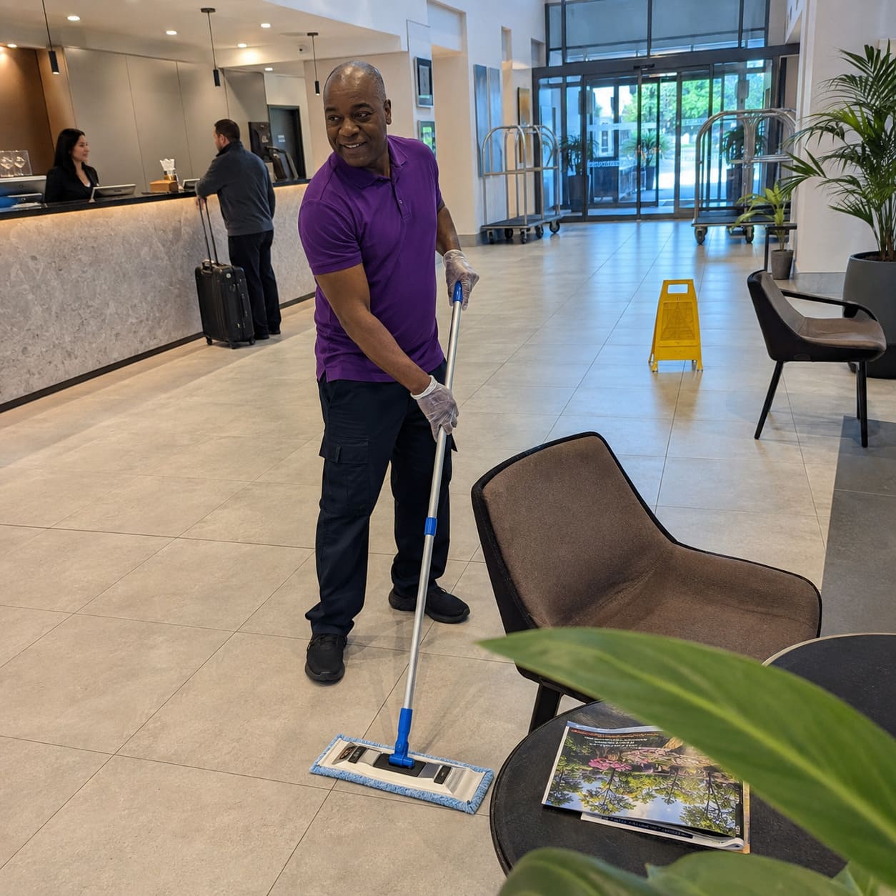 Hotel lobby cleaner mopping tiled reception floor Hotel lobby cleaner mopping tiled reception floor