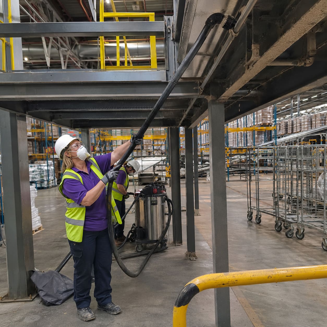 Industrial cleaning team maintaining elevated factory pipework