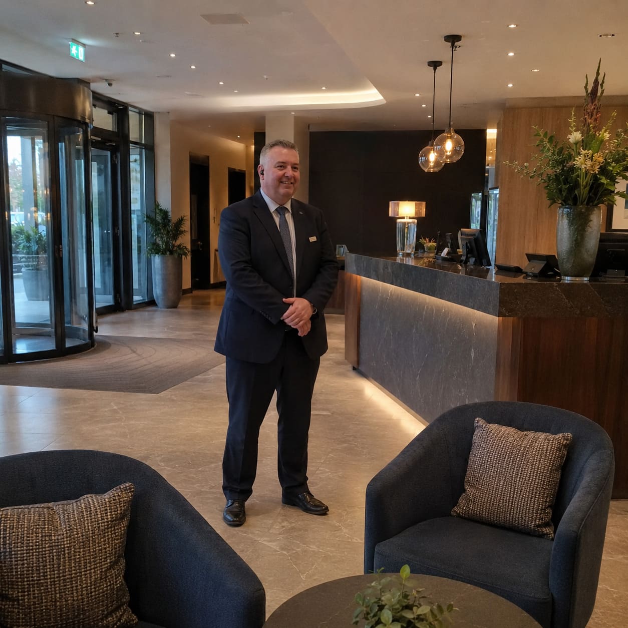 Reception security officer standing in smart modern hotel lobby