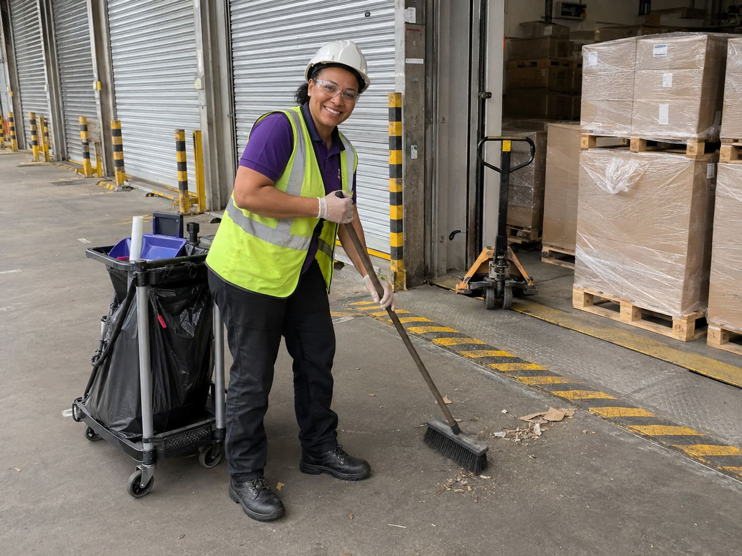 Warehouse cleaning operative with trolley and floor cleaning equipment