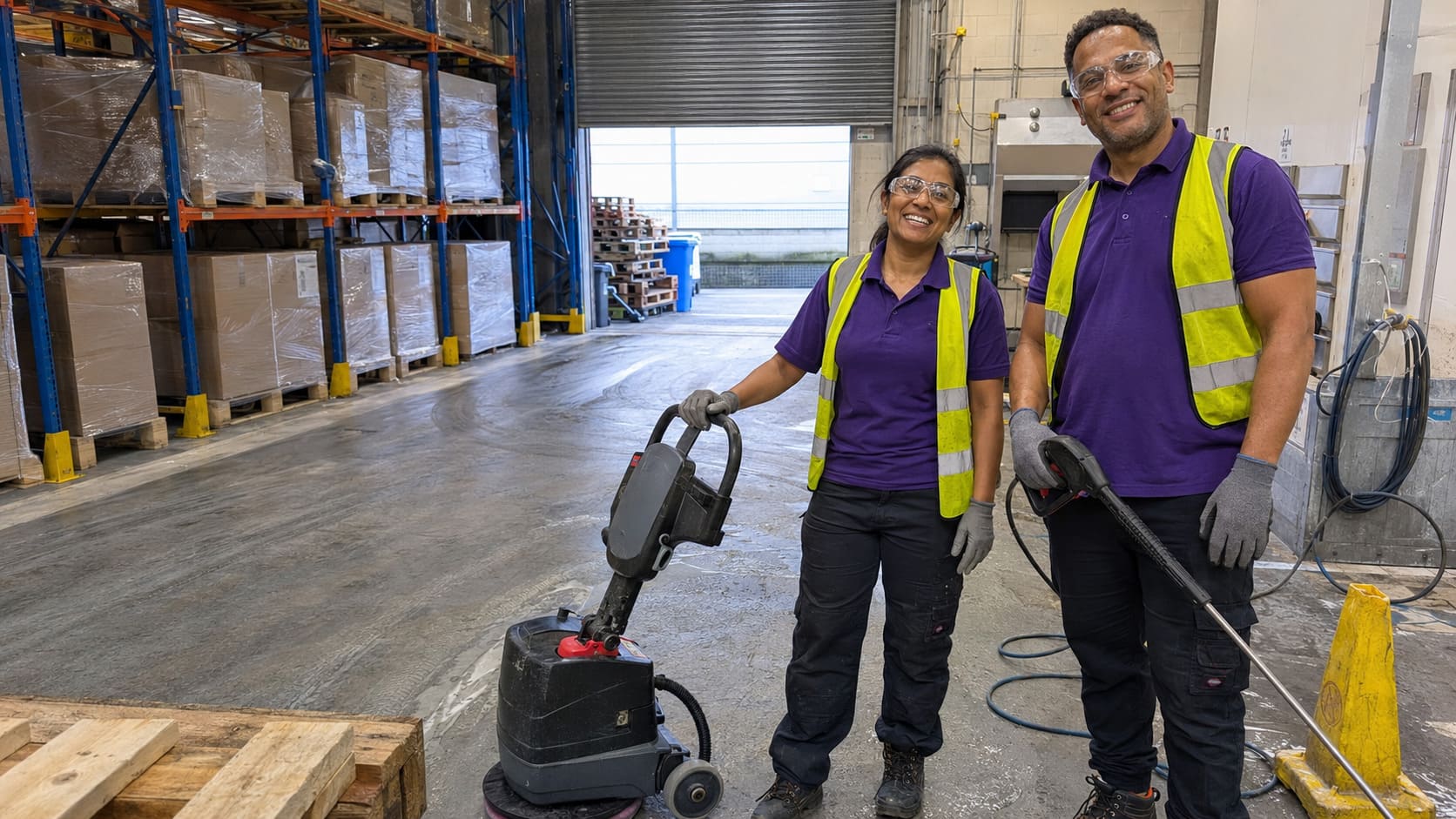 Warehouse cleaning team providing floor and equipment maintenance