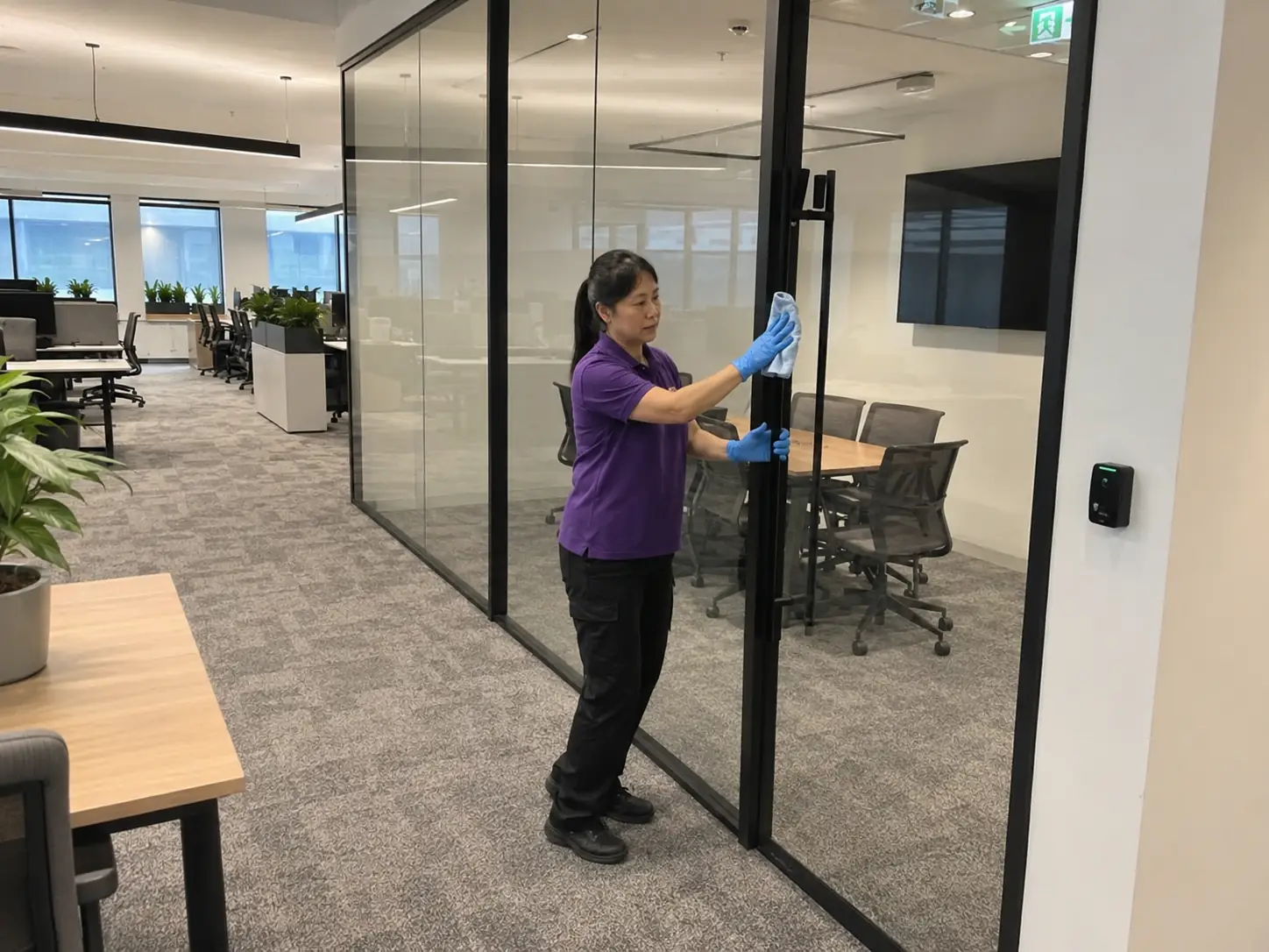 Female cleaner wiping glass meeting room in office - Illustrative Image