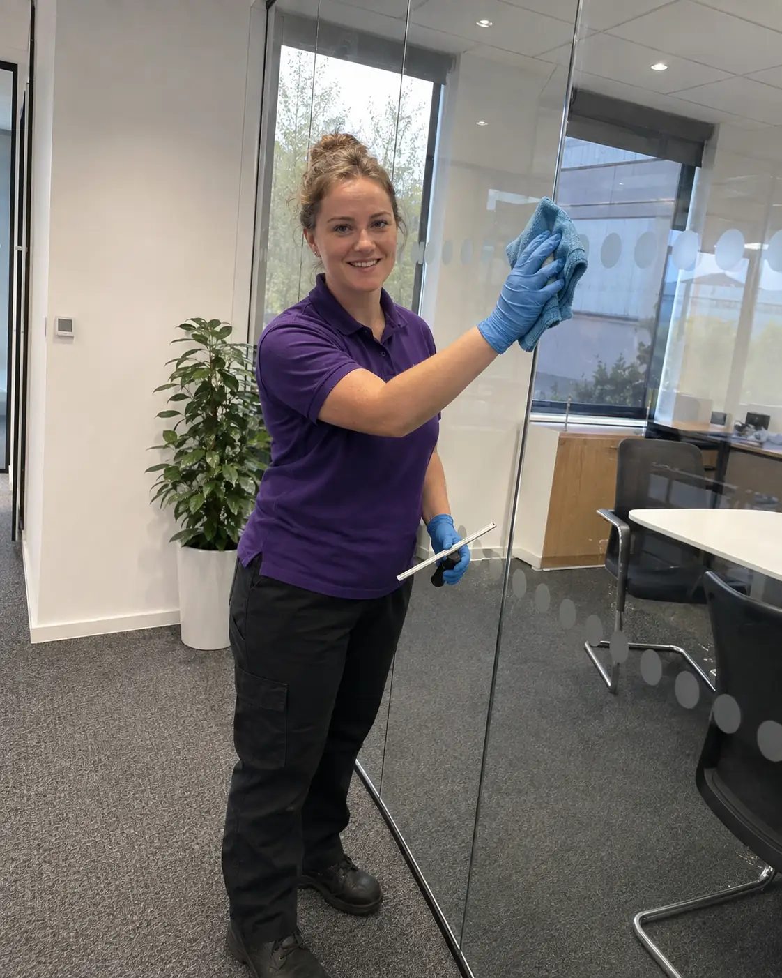 Female cleaner wiping glass partition in modern office - Illustrative Image