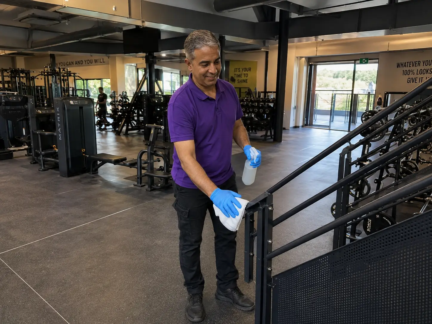 Male cleaner sanitising handrail in commercial gym - Illustrative Image