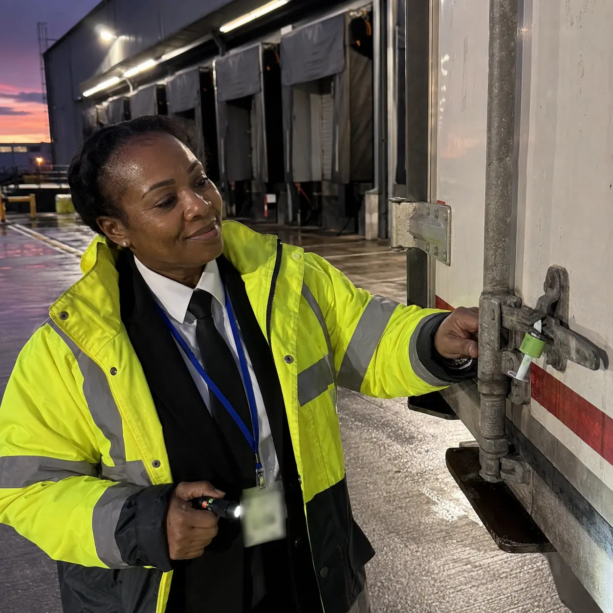 Security officer inspecting trailer seal at loading bay - Illustrative Image