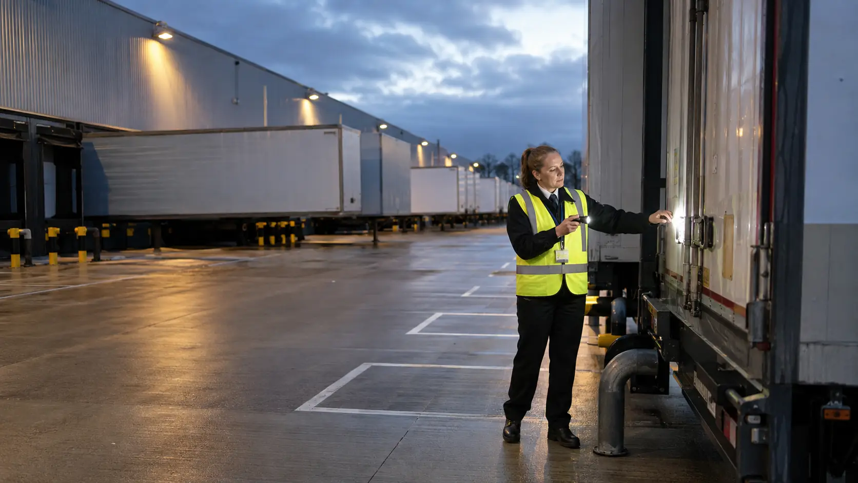 Security officer inspecting trailer security at loading bay - Illustrative Image
