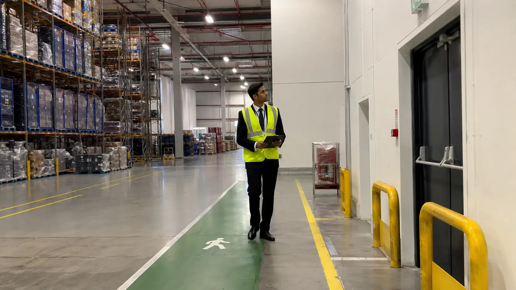 Security officer inspecting warehouse fire exit route - Illustrative Image
