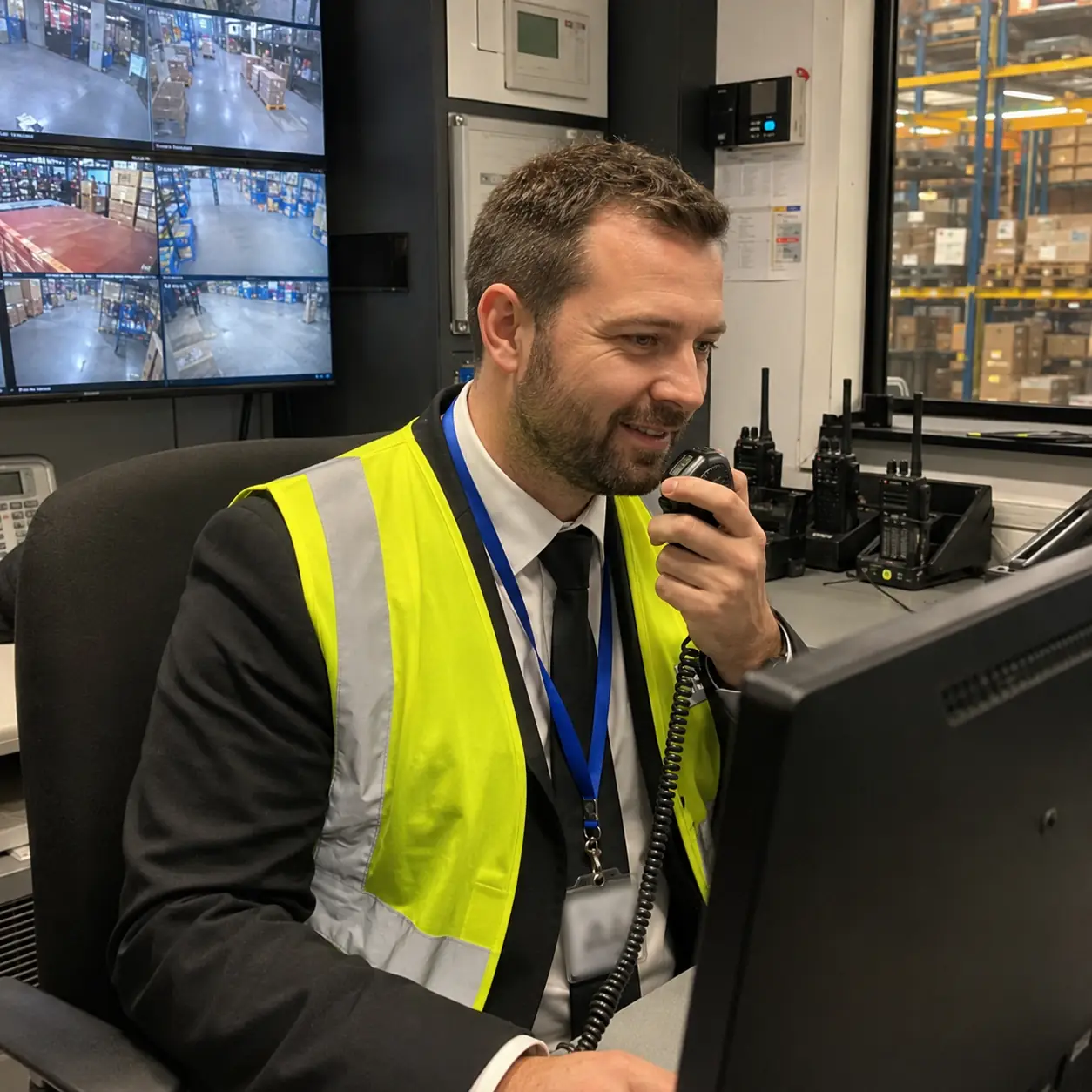 Security officer monitoring CCTV in warehouse control room - Illustrative Image