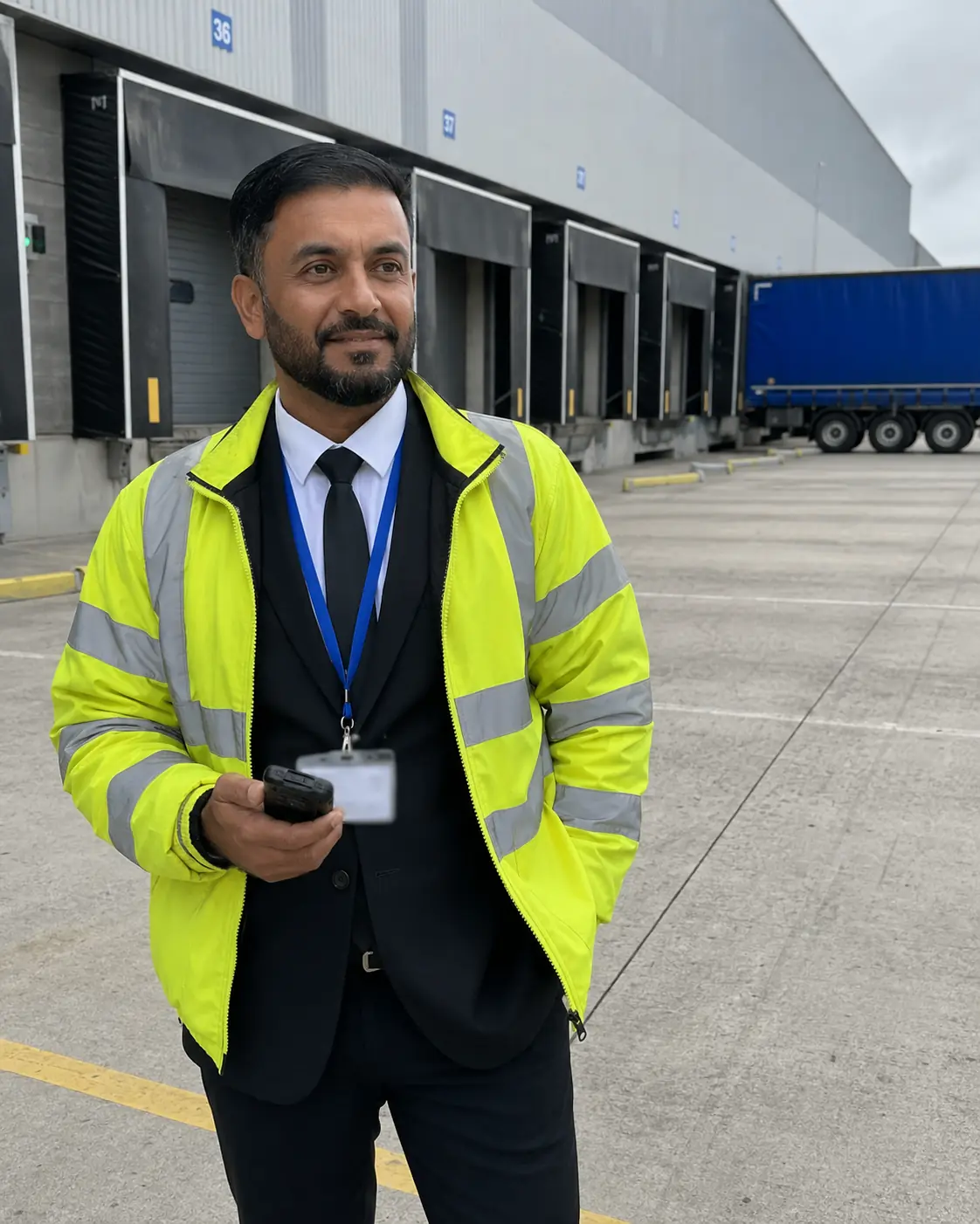 Security officer patrolling warehouse loading bays - Illustrative Image