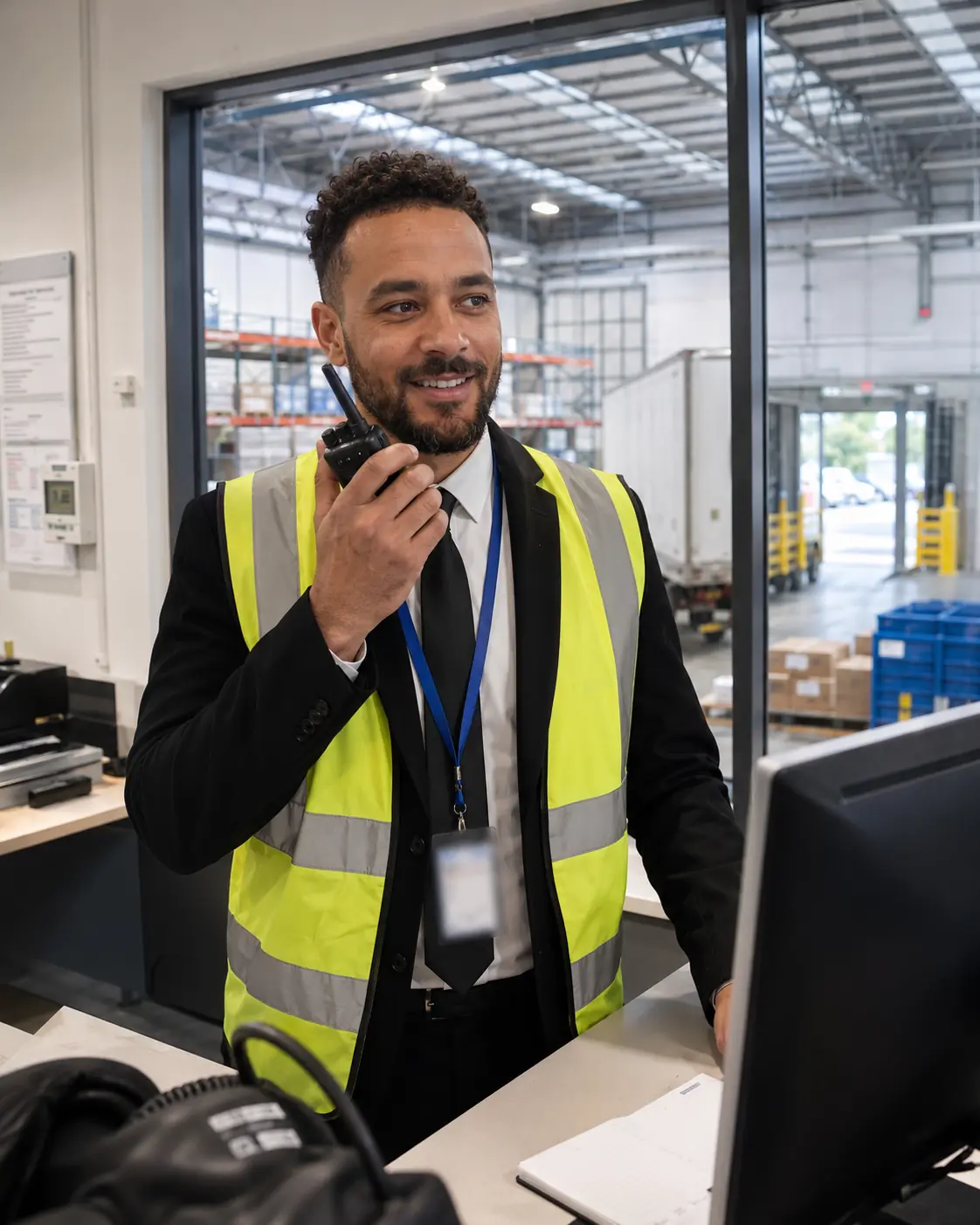 Security officer using radio in warehouse dispatch office - Illustrative Image