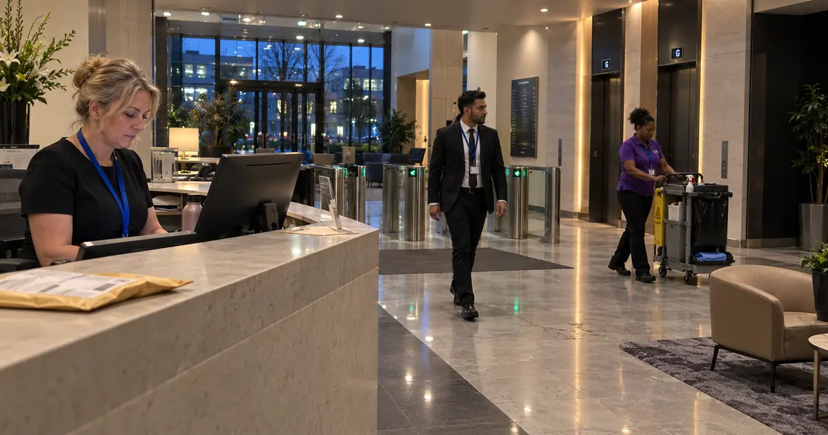 Security, cleaning and reception staff working together at one site, illustrative image