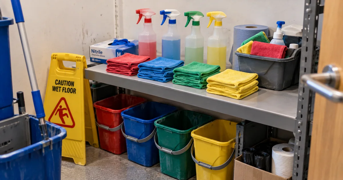 Colour coded cleaning equipment storage cupboard - Illustrative Image