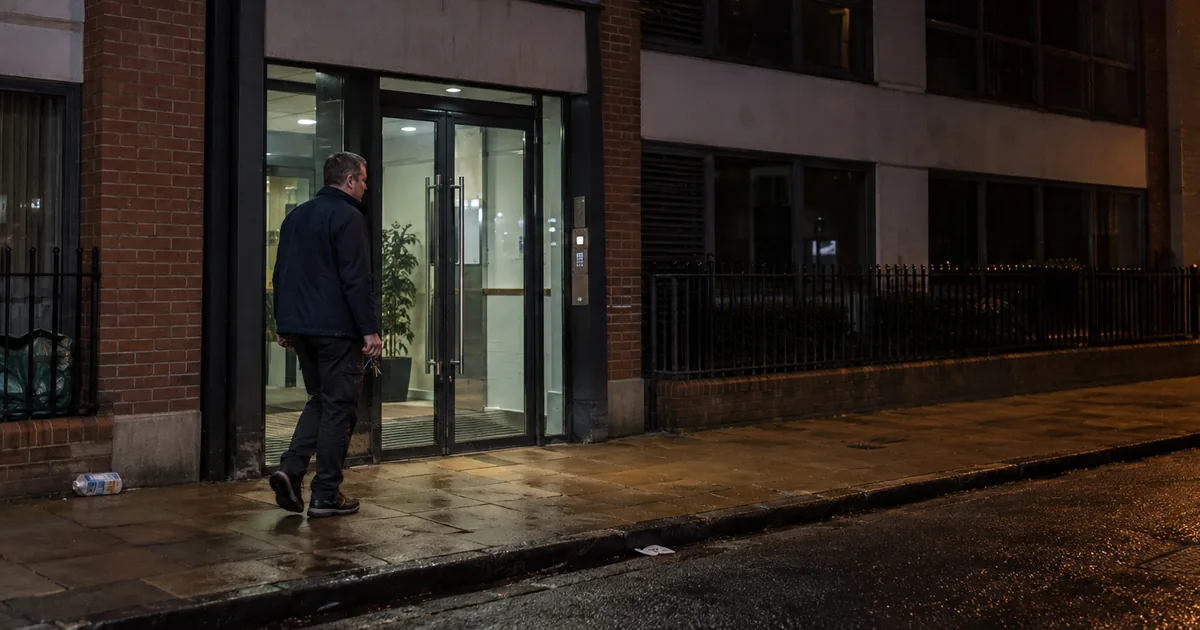 Key holding officer arriving at office building - Illustrative Image
