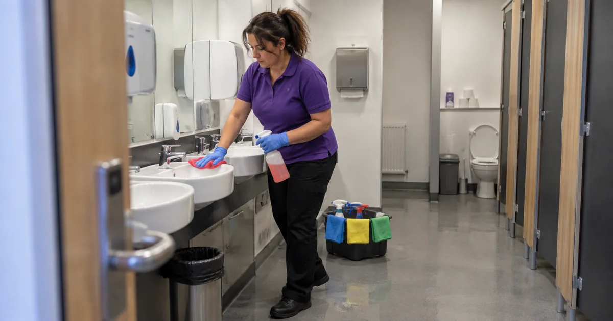 Professional cleaner cleaning washroom sinks - Illustrative Image